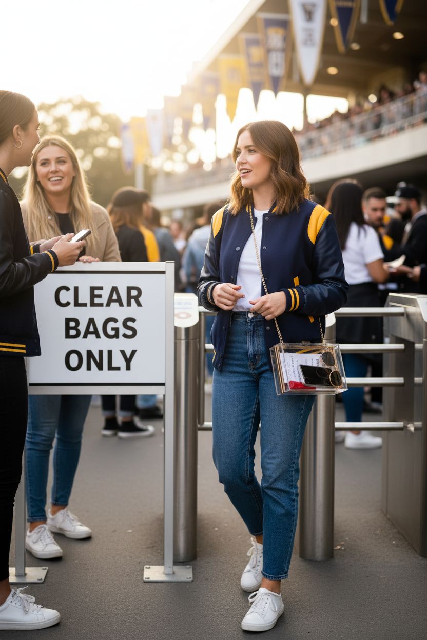 WJCD clear purse showcased at a lively stadium entrance