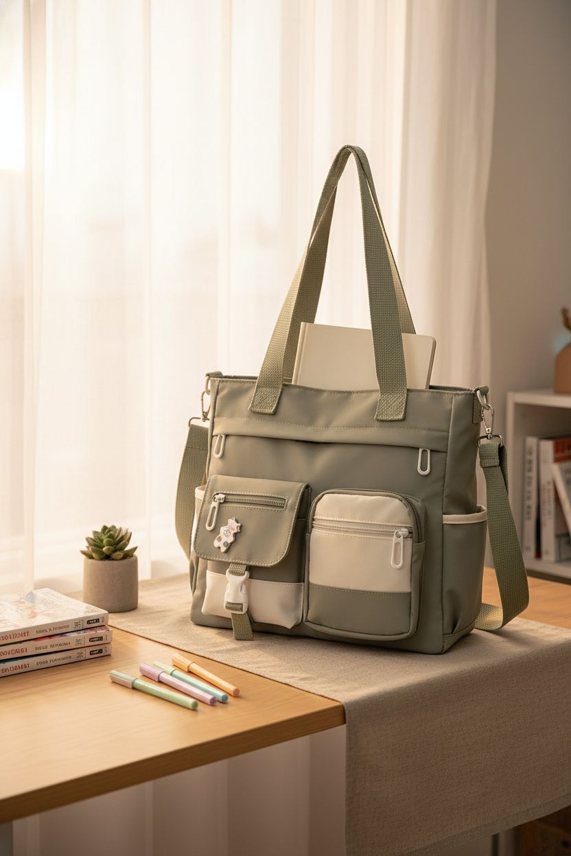 Open sage-and-cream Phaoullzon bag revealing a notebook, perfect for study or creative spaces.