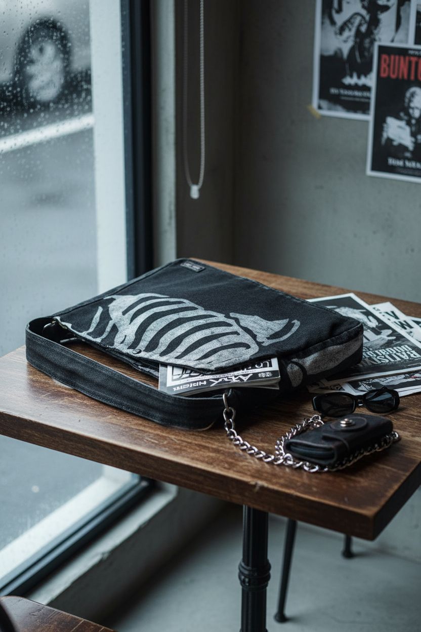GGOOB Gothic Grunge Messenger Bag on a rustic table in a cozy café, highlighting its skull design.