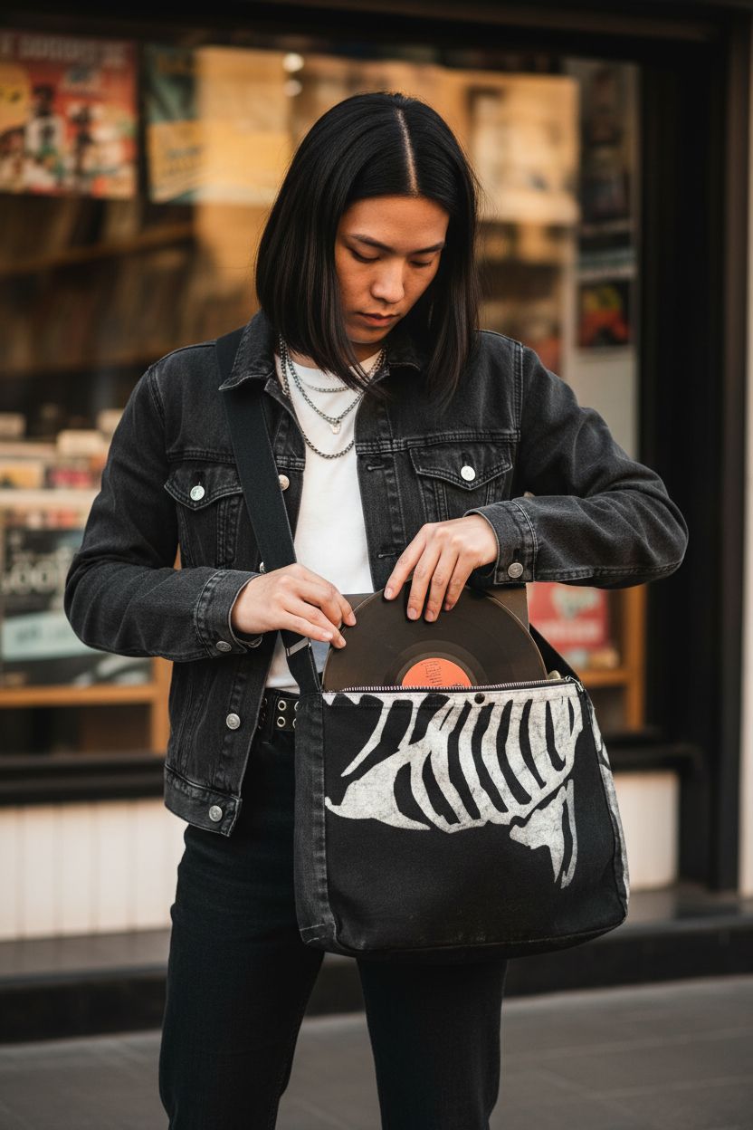 GGOOB Gothic Grunge Messenger Bag in grey with skull print, styled in a vintage record shop.