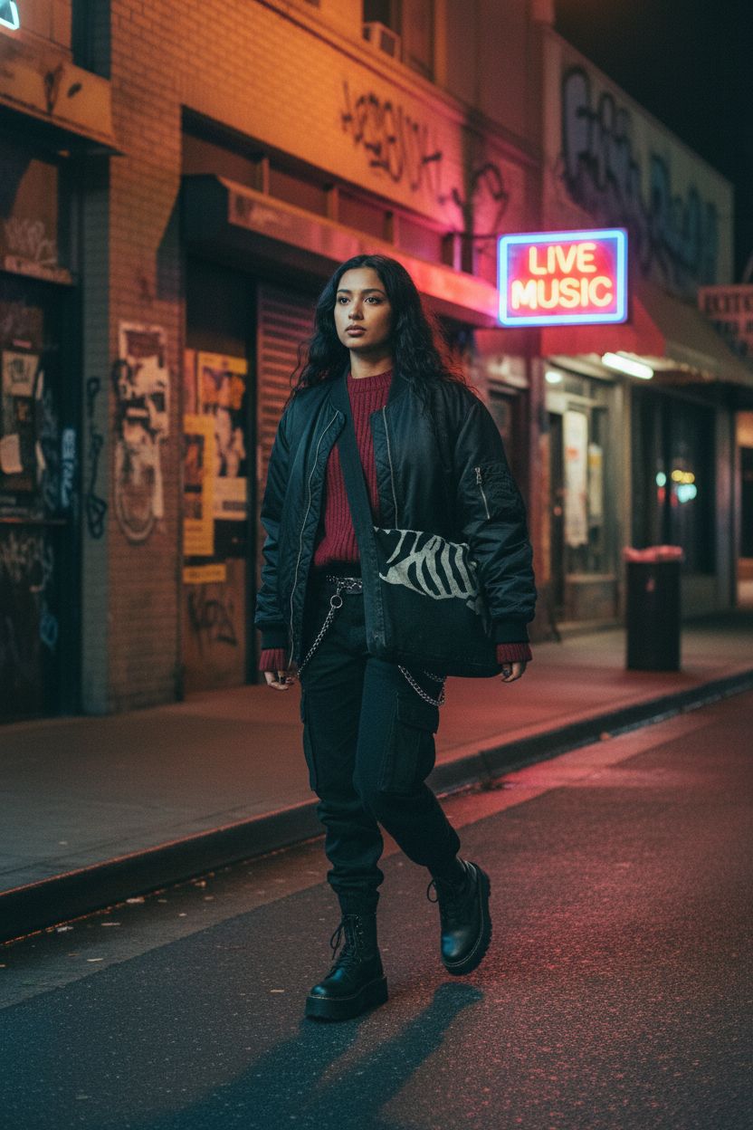 GGOOB Gothic Grunge Messenger Bag swinging crossbody in a vibrant night setting with neon lights.