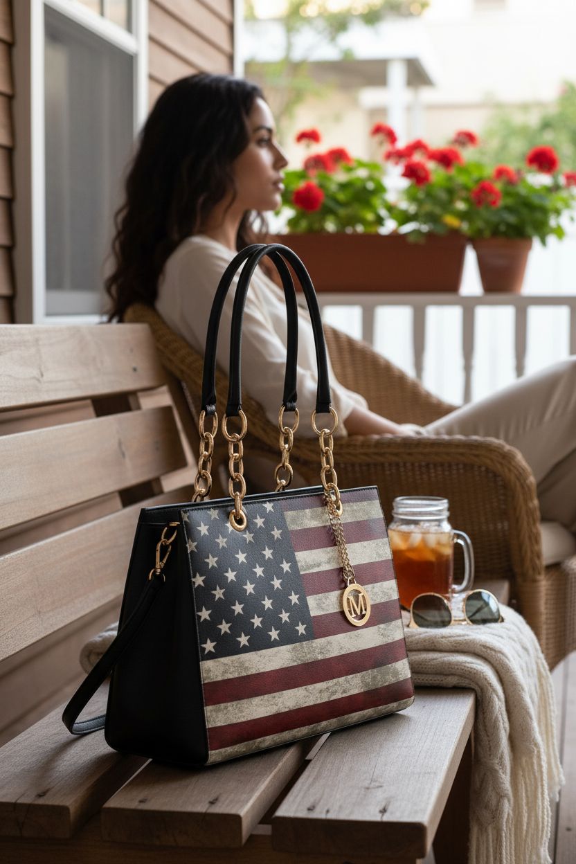 Nsiposnu American Flag purse resting on a cozy porch with iced tea, perfect for relaxed summer days.