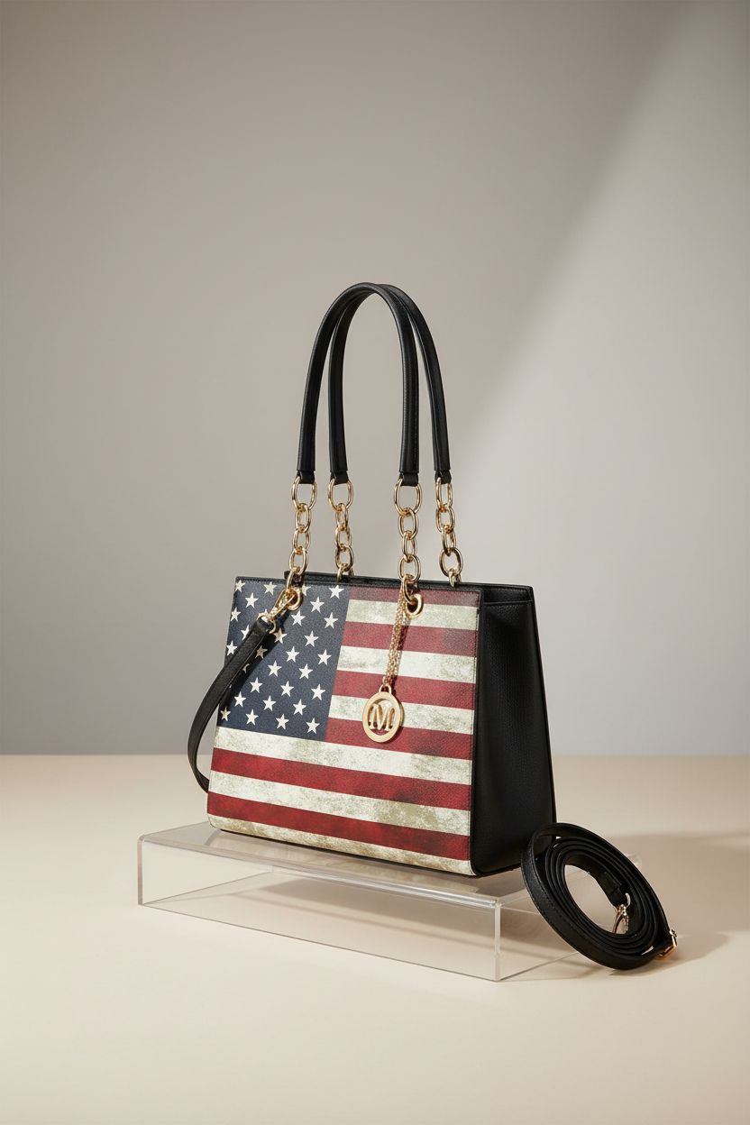 American Flag crossbody bag by Nsiposnu on an acrylic riser, showcasing its stylish design and versatility.