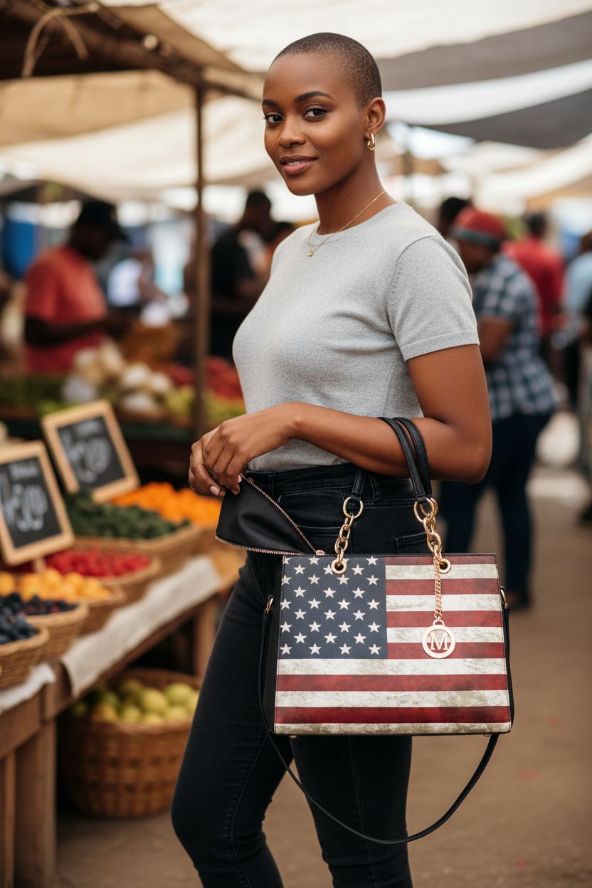 Nsiposnu American Flag tote bag with gold-chain handle, ideal for farmers markets and casual outings.
