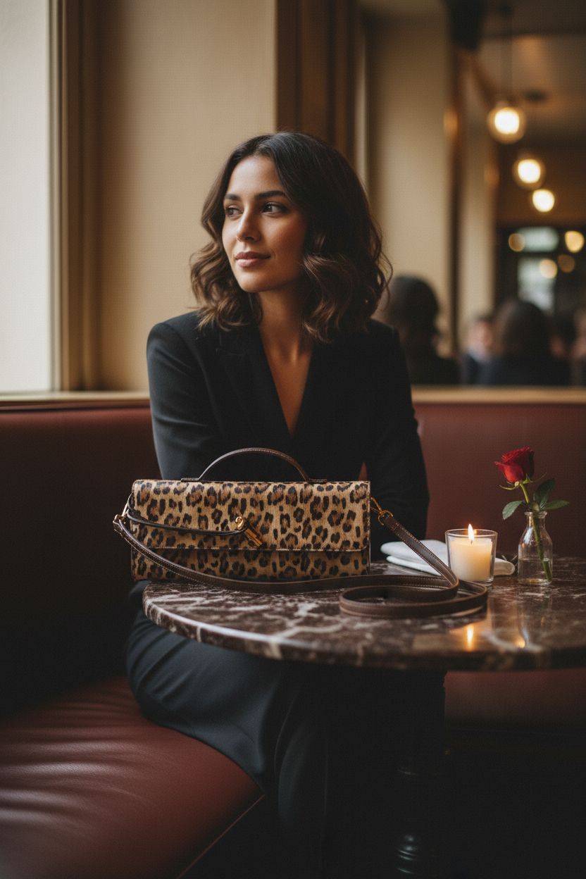 Joryin leopard print bag resting on a polished table in a cozy bistro, surrounded by candles and decor.