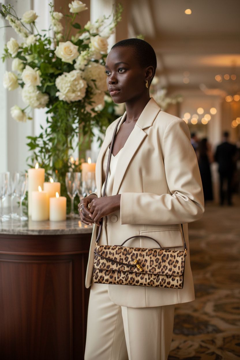 Joryin leopard print handbag in a chic wedding reception setting, featuring vegan leather and golden knot closure.