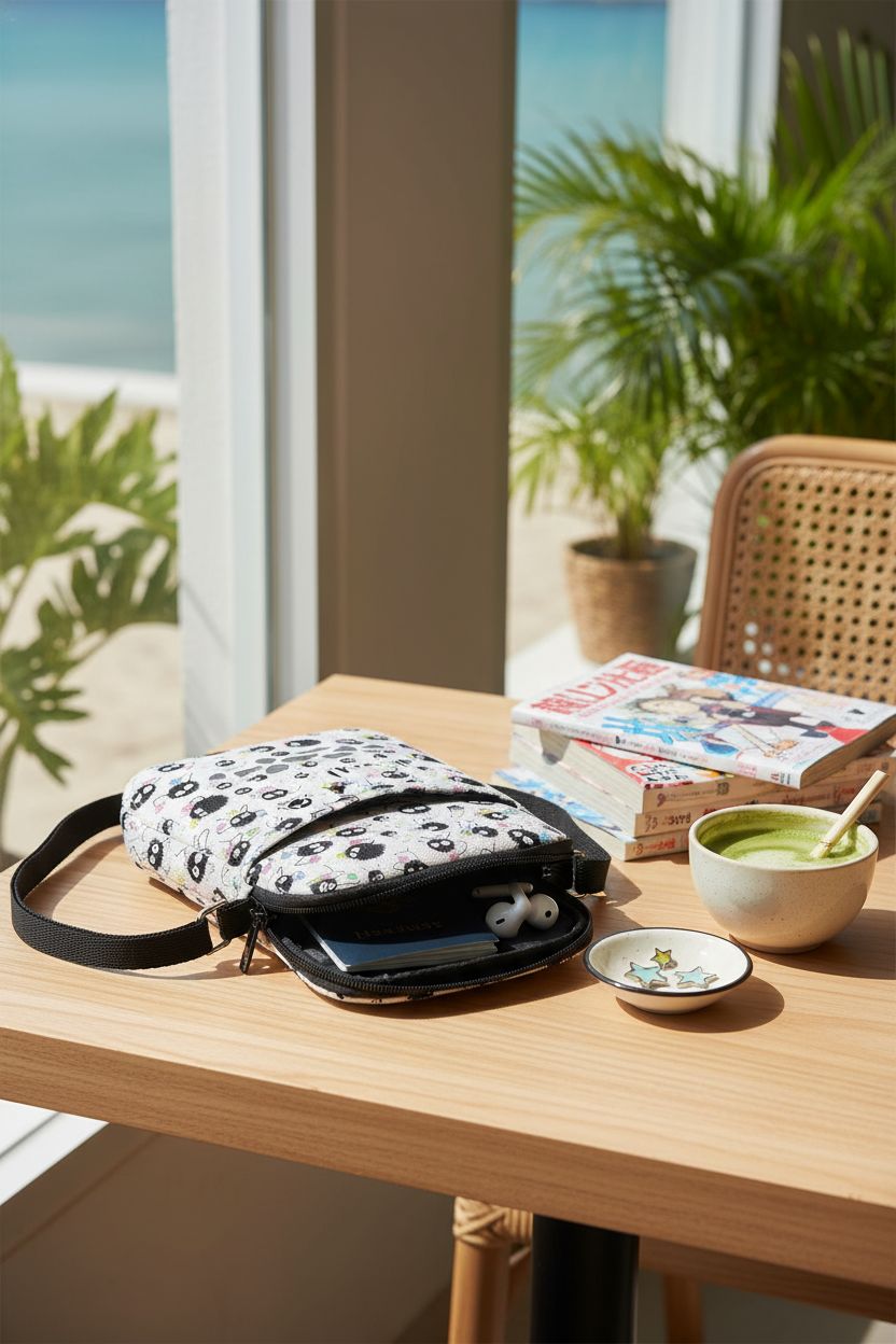 POFULL anime crossbody bag resting on a café table with manga and matcha