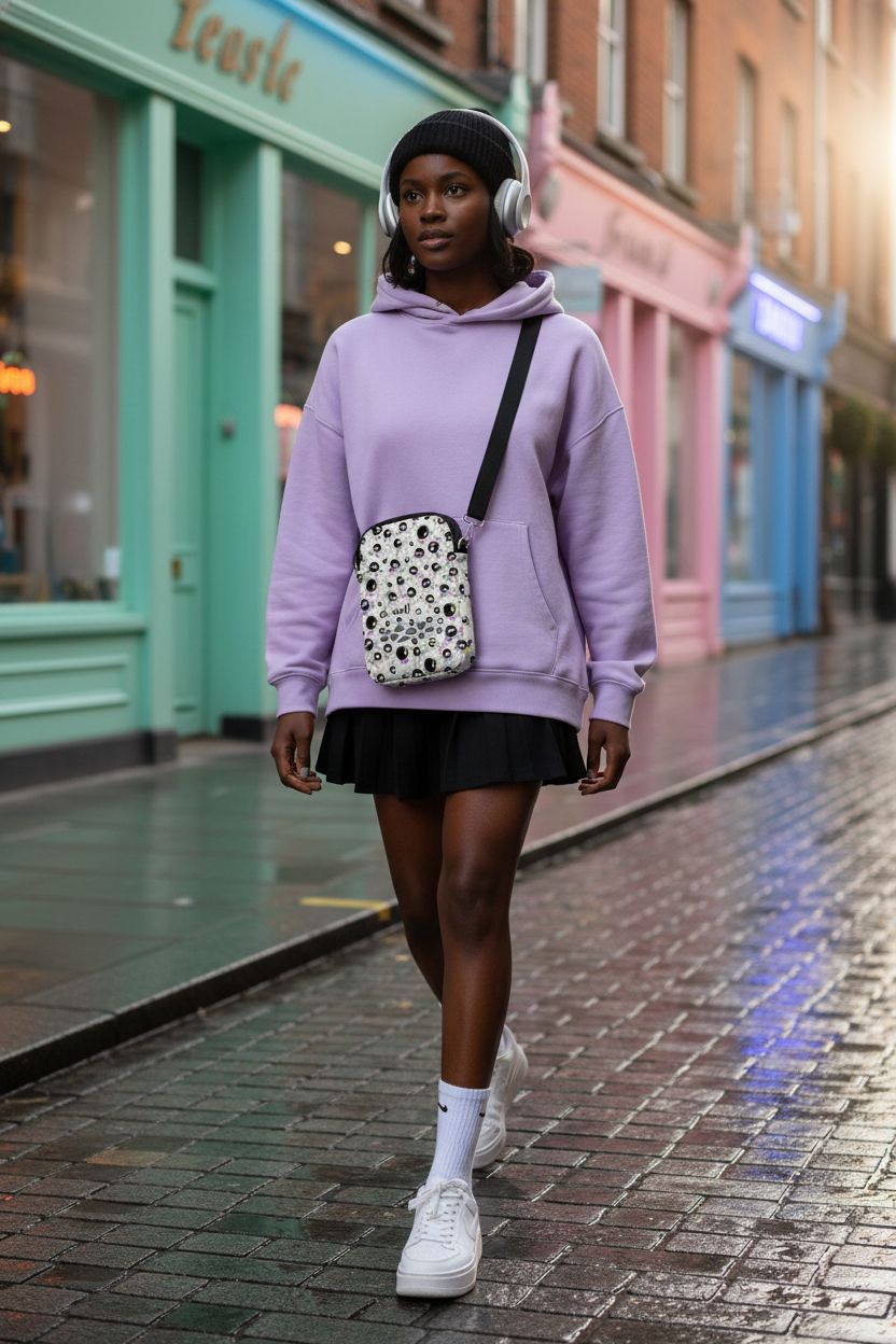 POFULL anime crossbody bag worn while walking past colorful storefronts