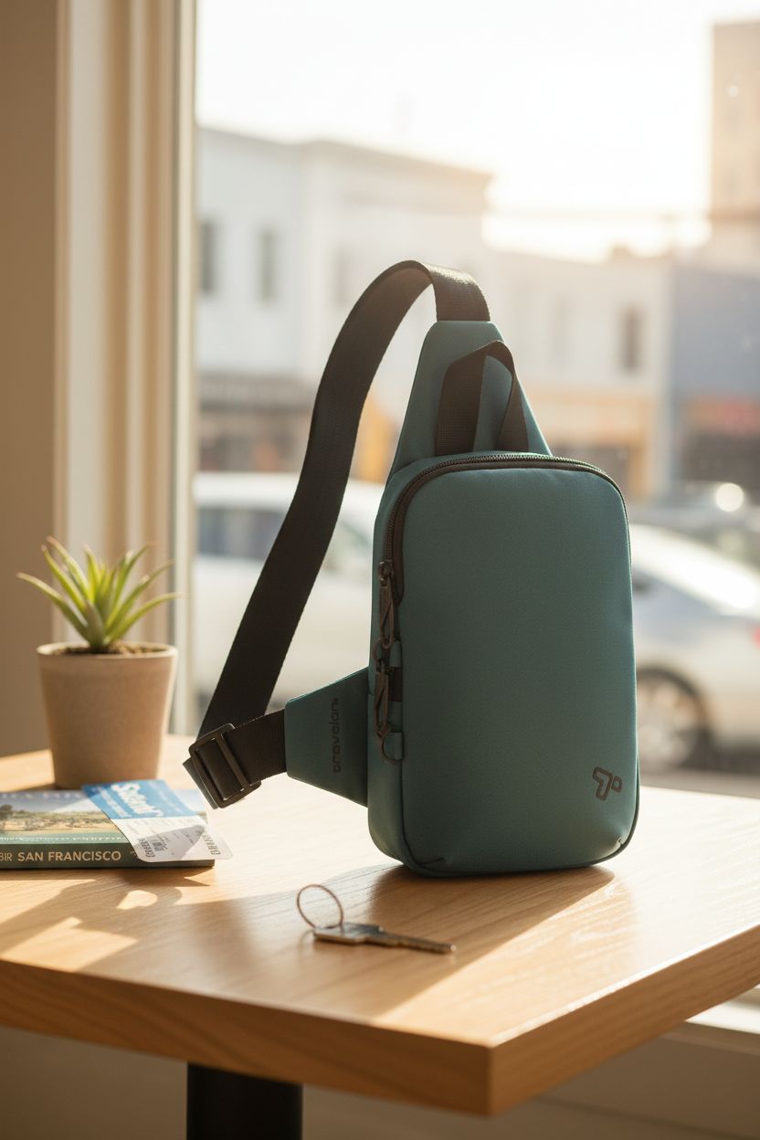 Travelon anti-theft crossbody bag beside a city guidebook in a cozy cafe, highlighting its versatility and style.