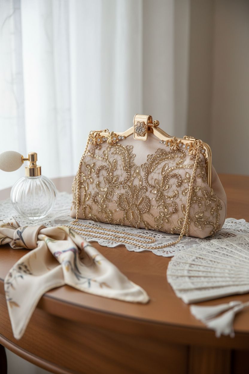 Chic UBORSE beaded purse on a walnut vanity, styled with elegant accessories