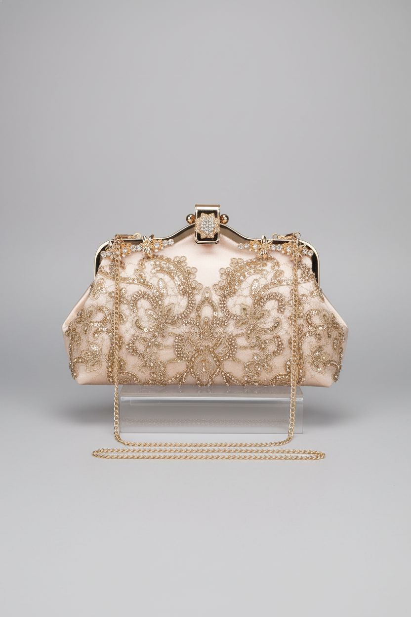 Product showcase of UBORSE antique beaded clutch with intricate details