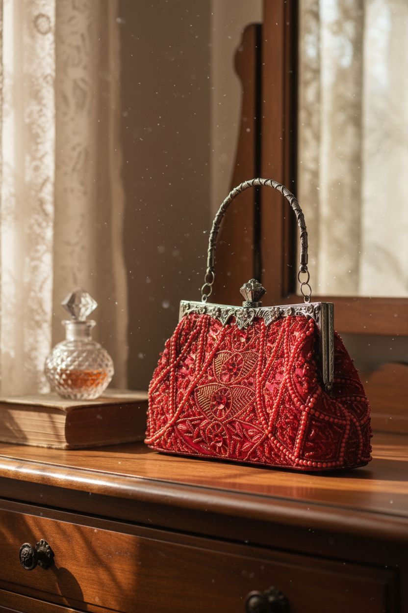 lapulio red beaded clutch resting on a vanity, evoking vintage elegance and charm