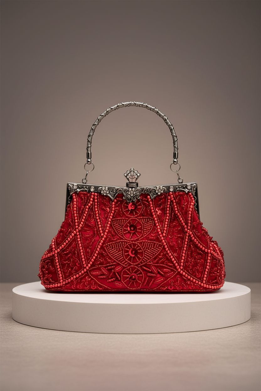 lapulio antique purse in red, showcasing its detailed beaded design and elegant shape