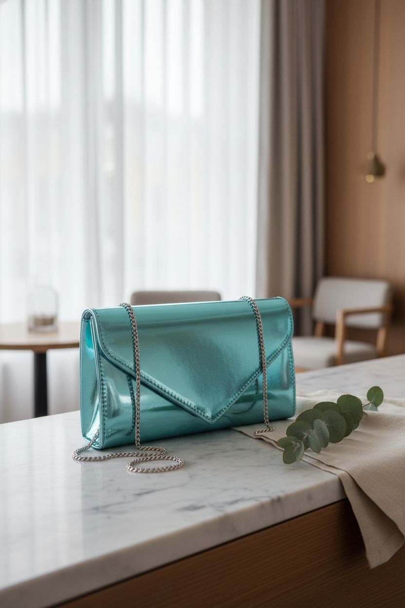 IXEBELLA turquoise envelope bag elegantly displayed in a boutique hotel lounge.