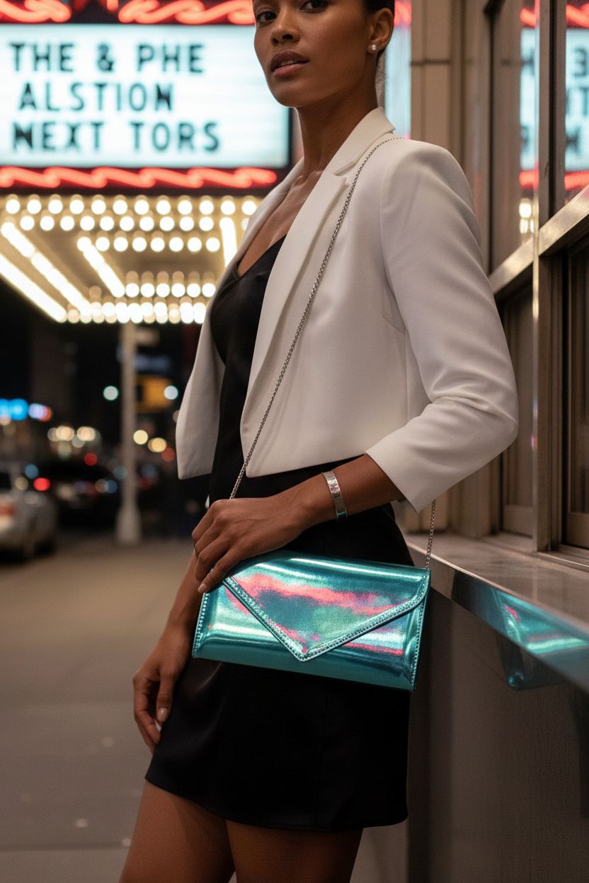 IXEBELLA mirrored turquoise clutch under neon lights, ideal for evening outings.