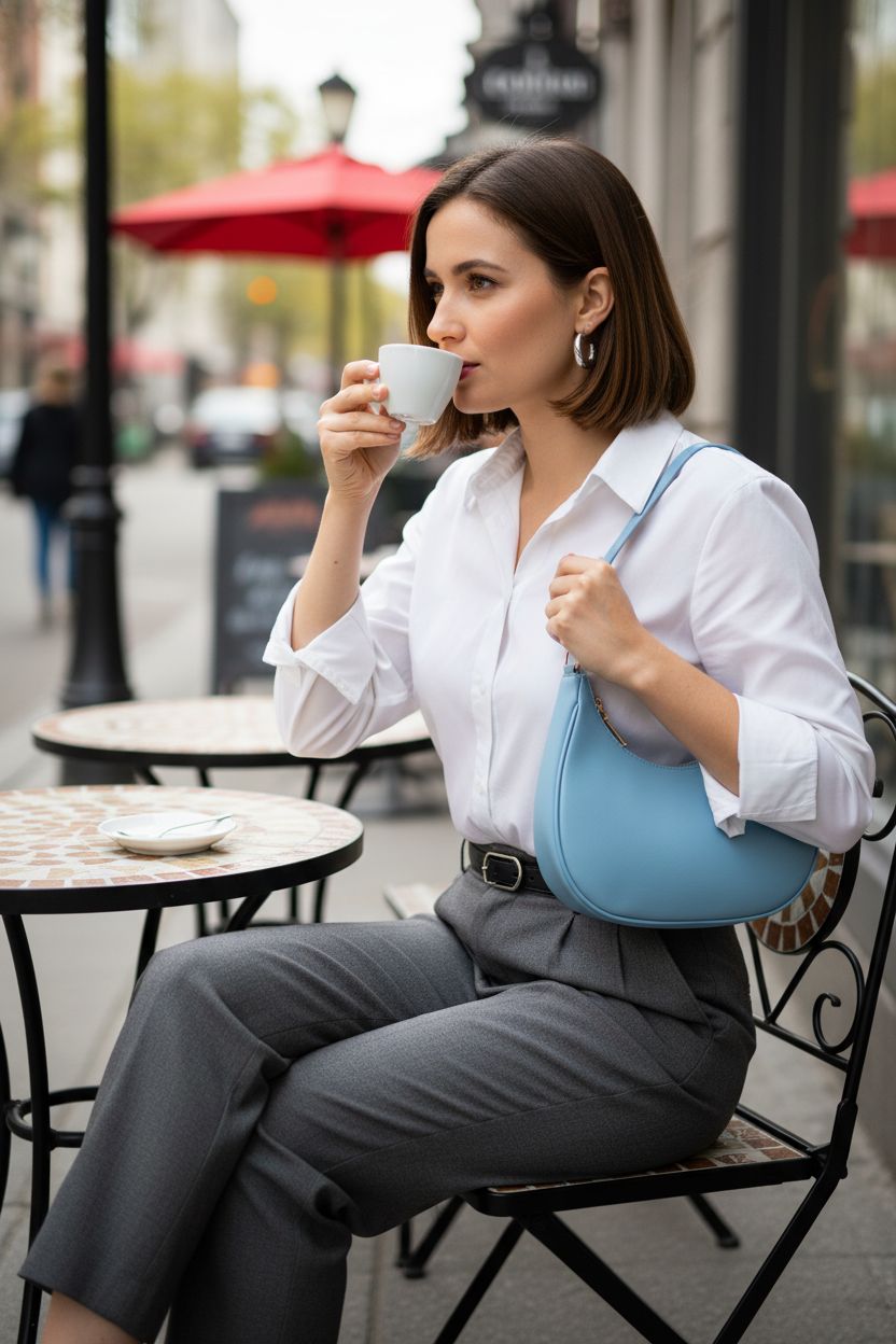 WSRYDJDL baby blue crescent shoulder bag tucked under the arm at a café table