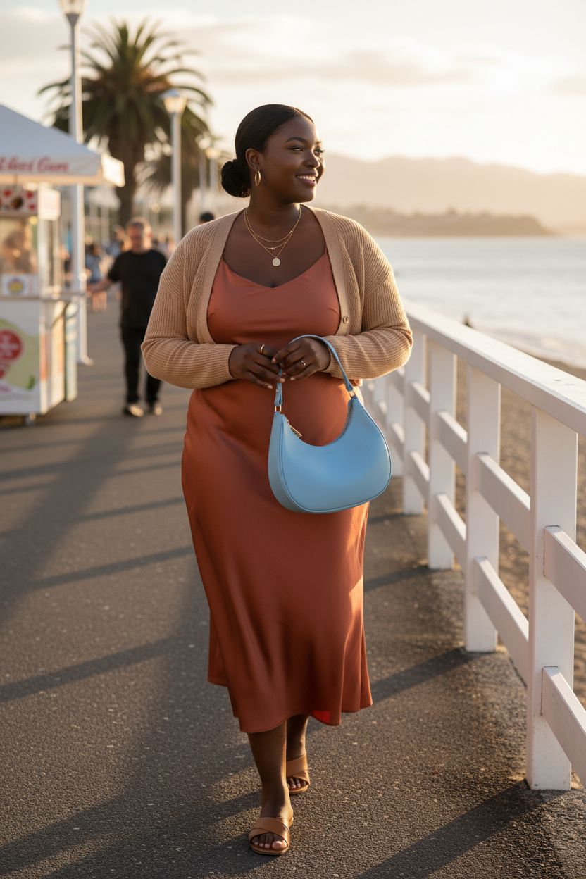 Plus-size model with WSRYDJDL baby blue purse on a sunny seaside promenade
