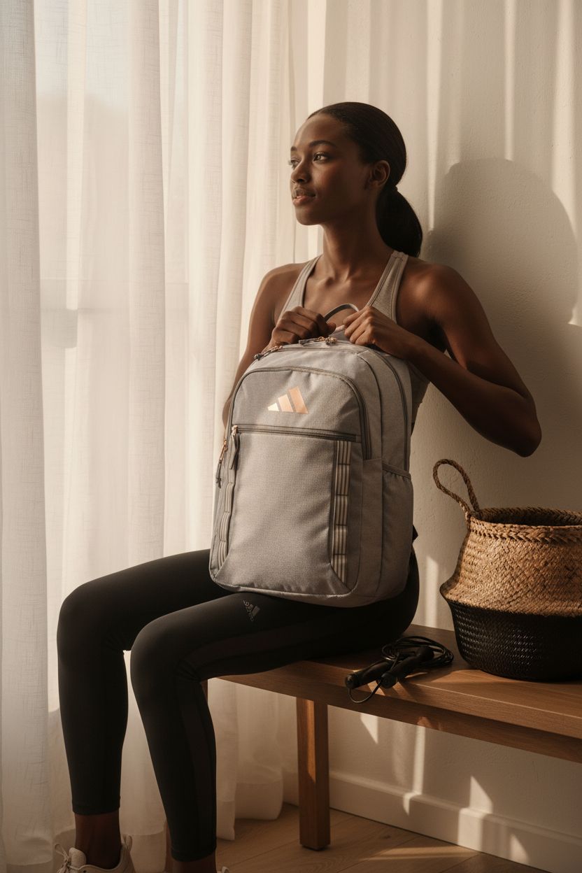adidas Excel Backpack, twill grey fabric, resting on bench in cozy apartment after workout