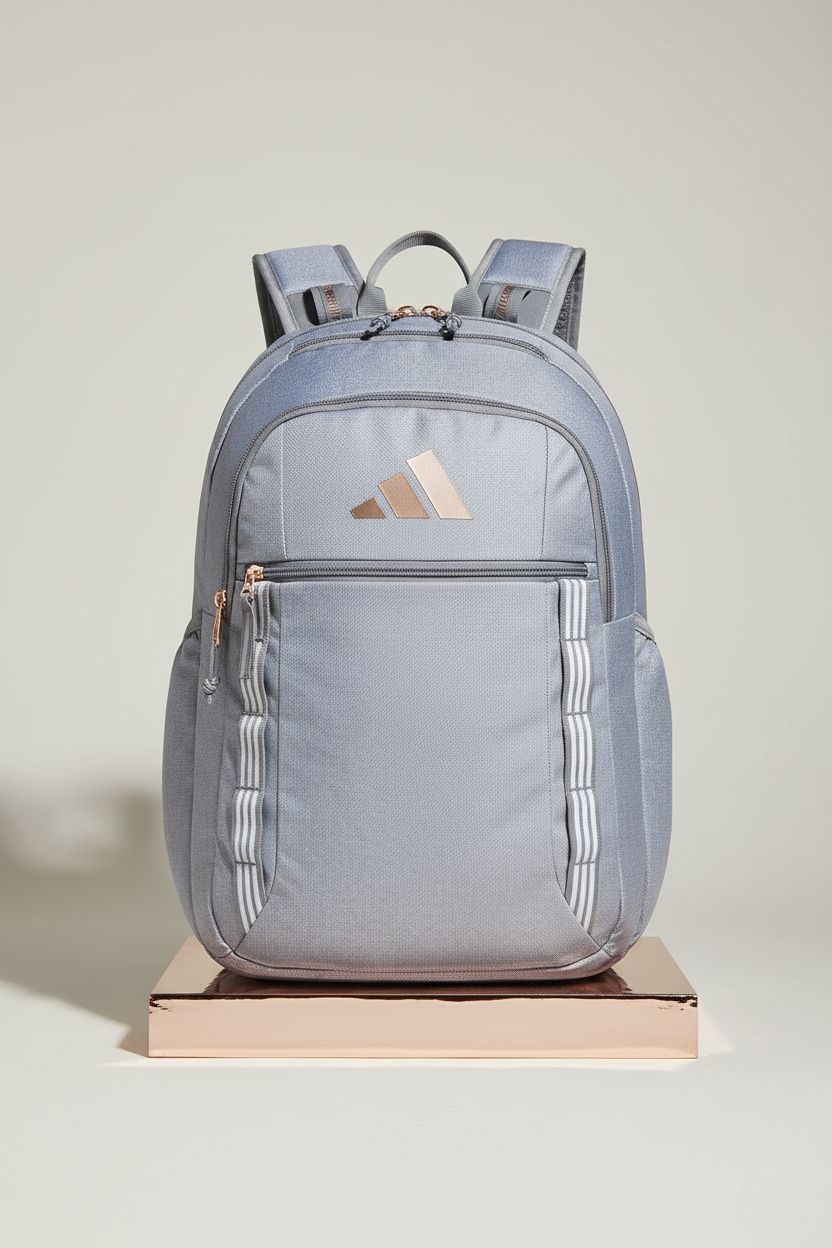 adidas Excel Backpack showcased on riser, highlighting twill fabric and rose-gold accents