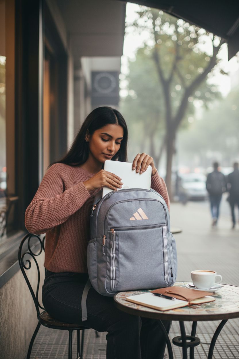 adidas Excel Backpack in twill grey with rose gold logo, perfect for women and men