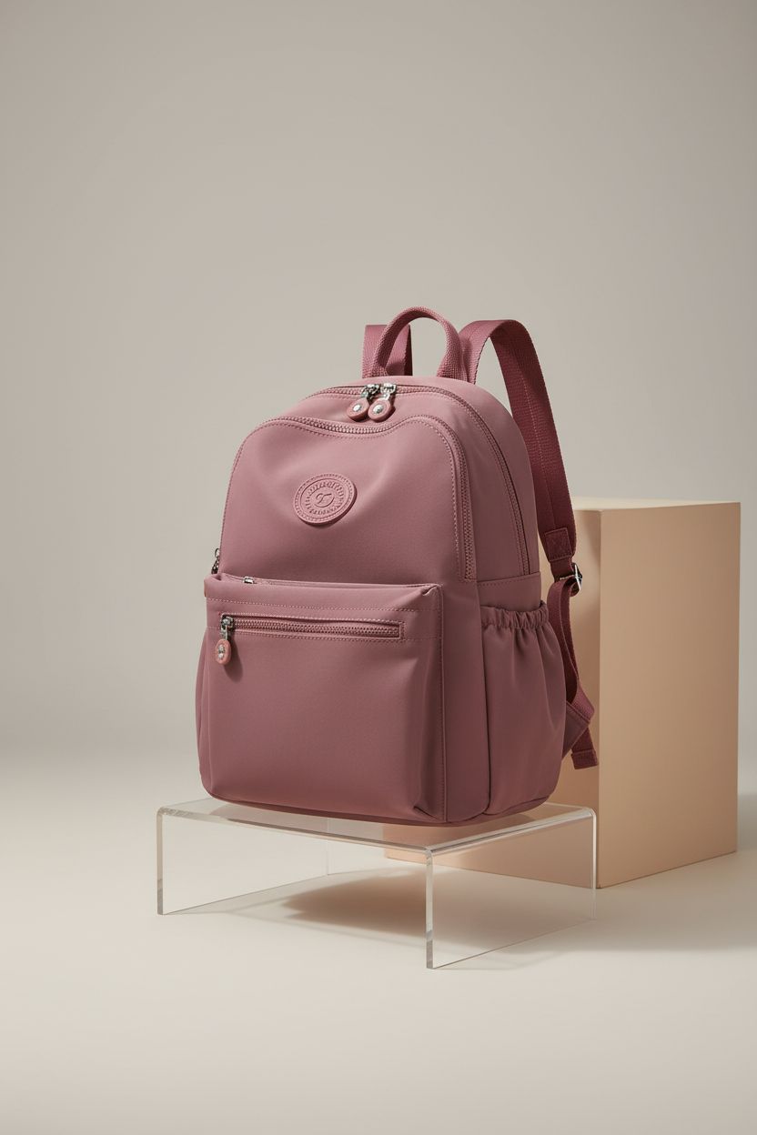 Close-up of Tanweibago carmine mini nylon backpack purse, highlighting its sleek design and quality material.