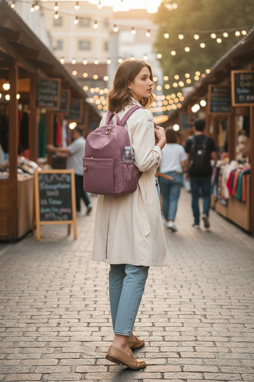 Tanweibago carmine mini nylon backpack purse showcased in a market setting, perfect for casual outings.