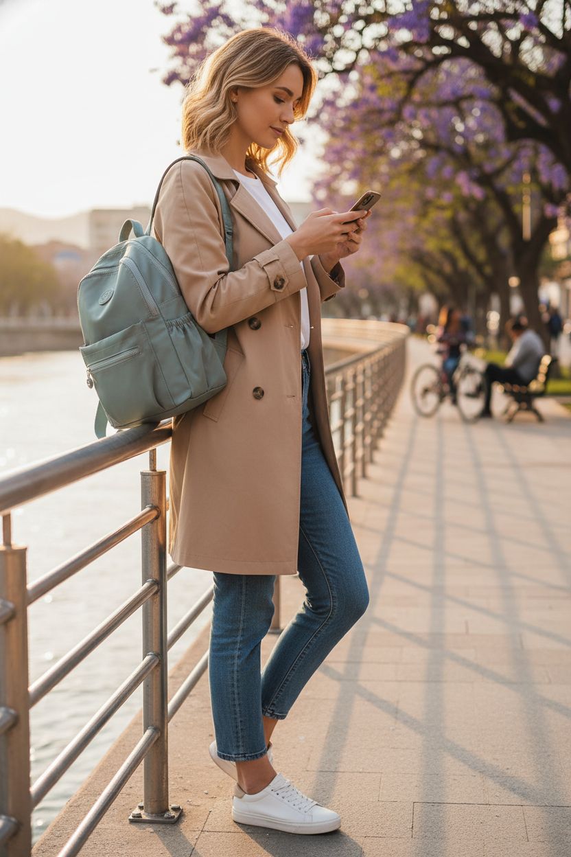 Pealwel light green nylon mini backpack purse against a riverside spring backdrop.