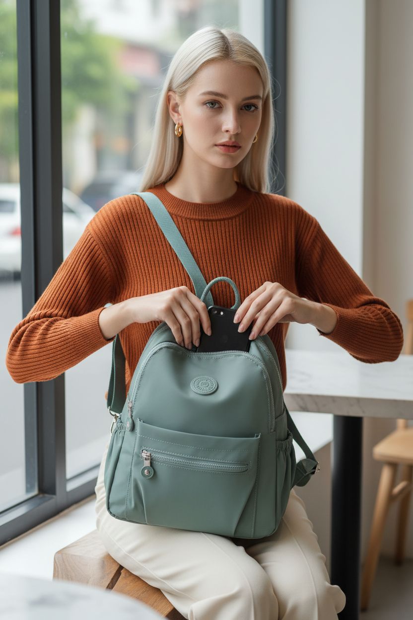 Pealwel light green mini backpack purse with organized pockets in a cozy café setting.