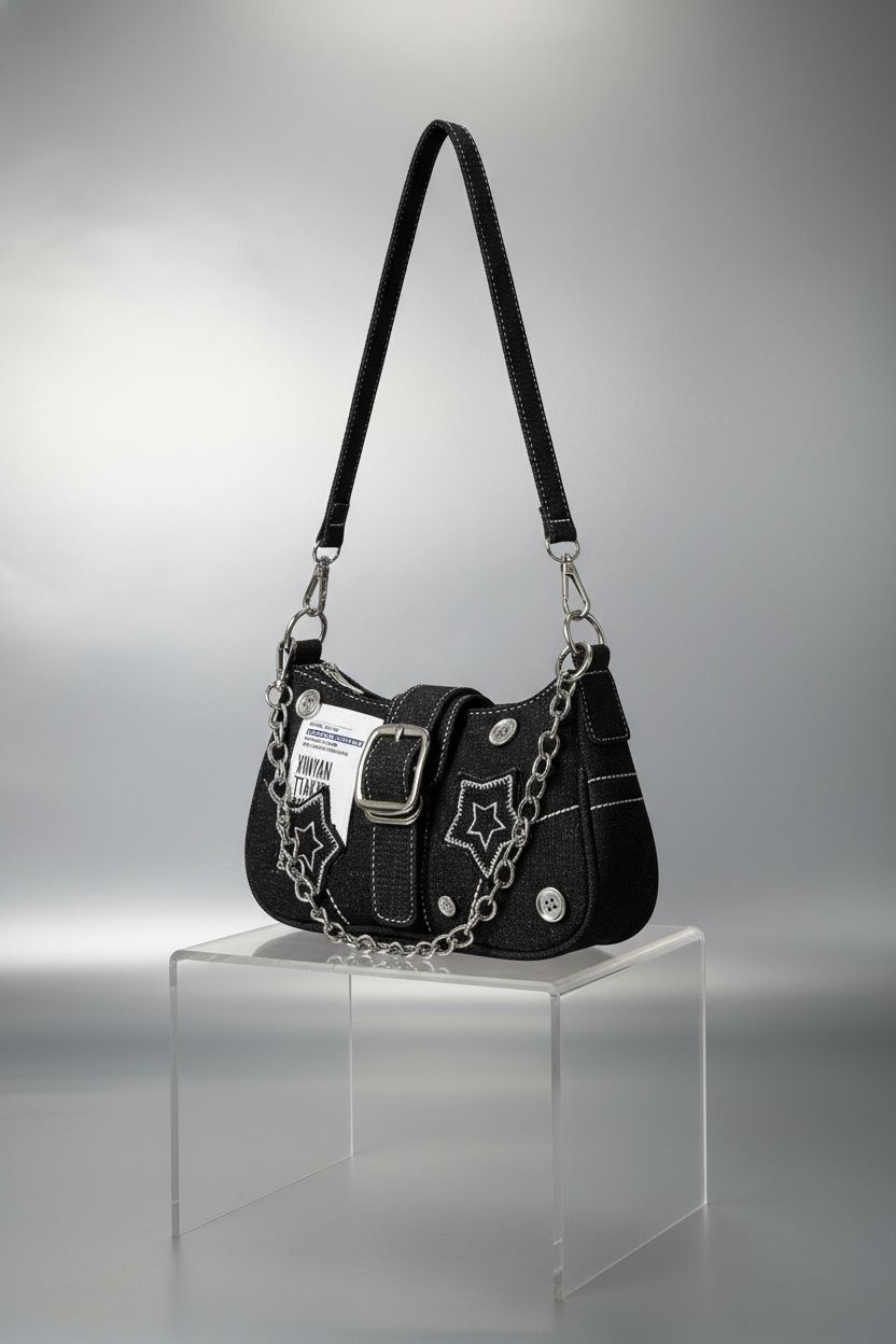 MJFSGYO Y2K baddie purse in black, highlighting star patches and shiny hardware in studio setting.