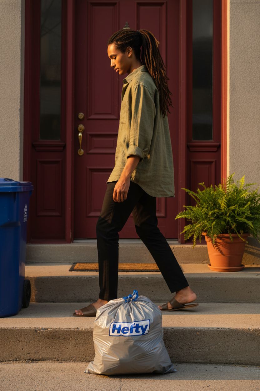 Tidy Hefty gray trash bag beside a recycling bin on a cozy front stoop during golden hour