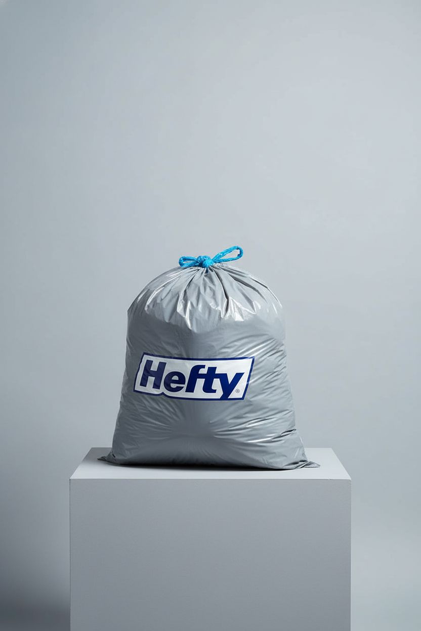 Single gray Hefty trash bag on a gray plinth, highlighting its sturdy design and blue drawstrings