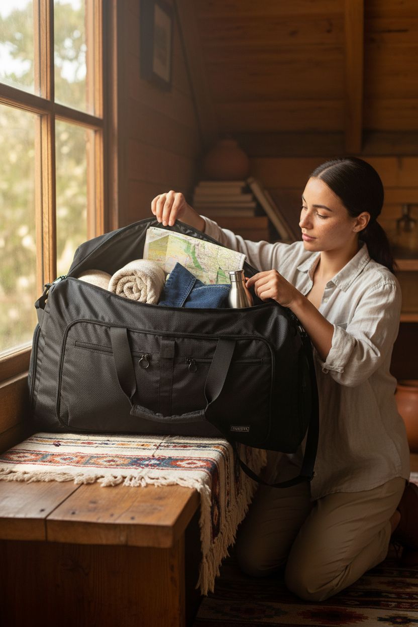 Cozy cabin setting with Fmeida 65L duffle bag open, revealing neatly packed essentials.