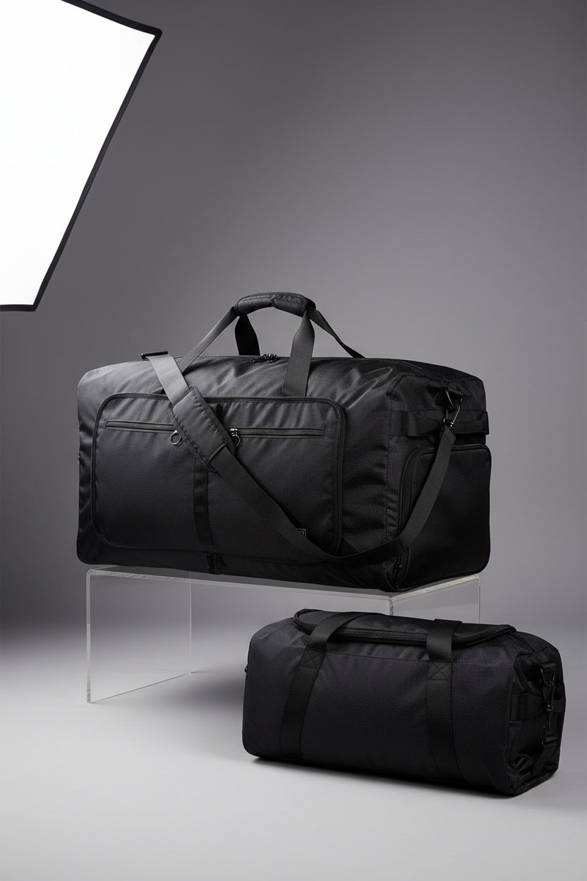 Fmeida 65L duffle bag displayed on gray background, highlighting its packable and durable design.