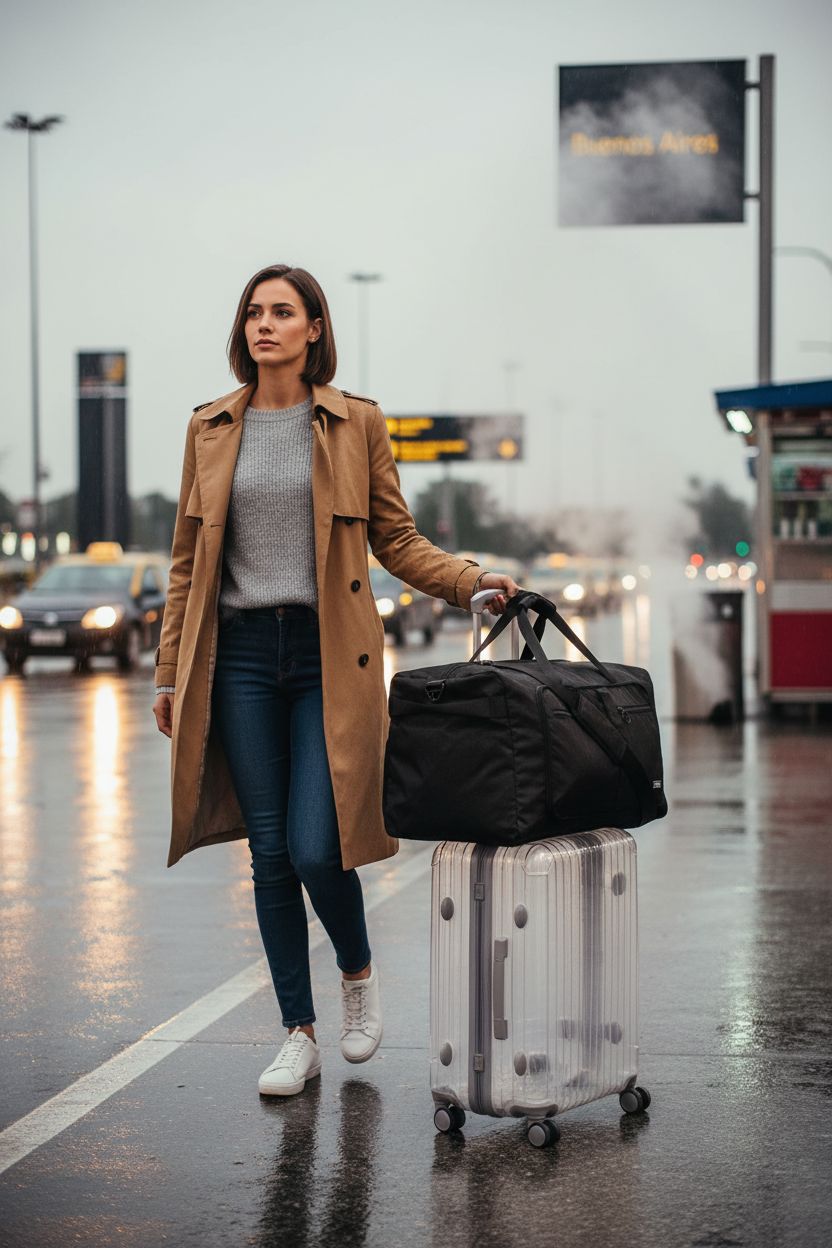 Fmeida 65L duffle bag on suitcase at airport curb, showcasing its travel-friendly features.