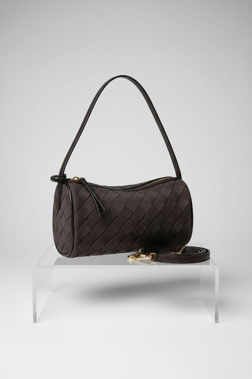 GZRHKJ mini woven leather barrel purse on a gray backdrop, highlighting its quality craftsmanship.