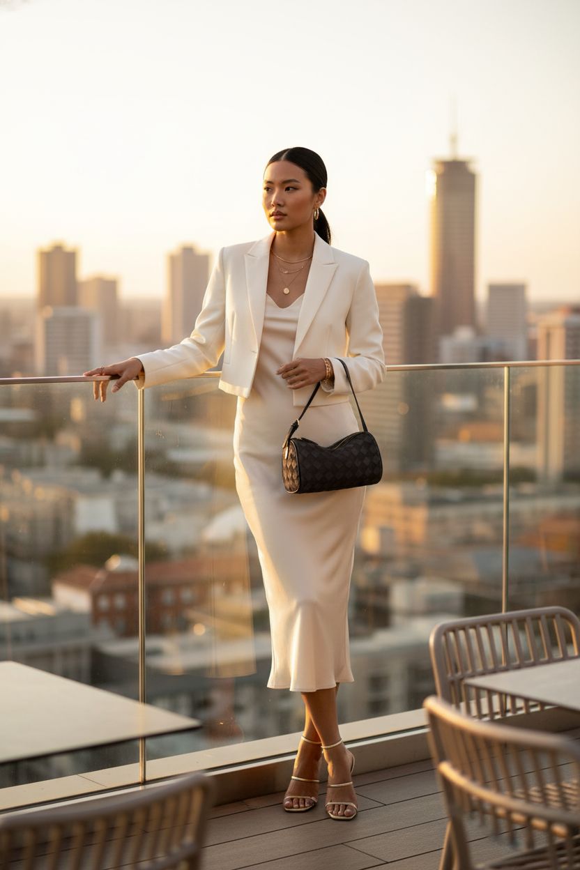 GZRHKJ dark woven barrel purse on a rooftop at sunset, showcasing its stylish design.