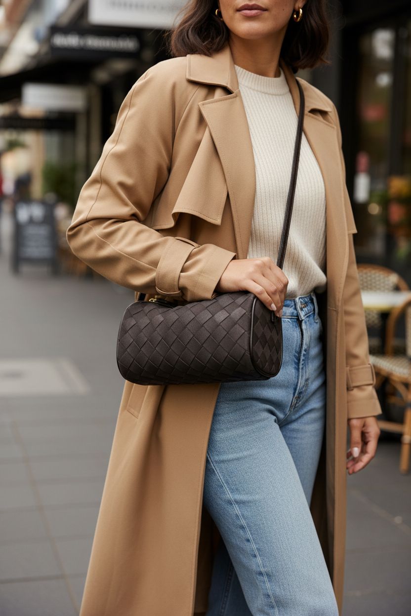 GZRHKJ dark barrel purse being switched to crossbody on a sidewalk, perfect for everyday use.