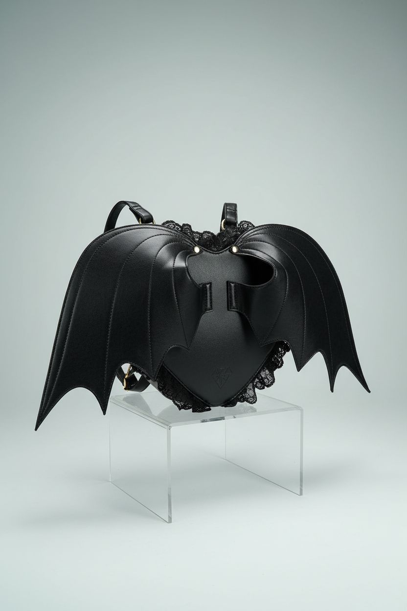 Product shot of NEEVAS bat heart wings backpack highlighting PU leather and lace details.