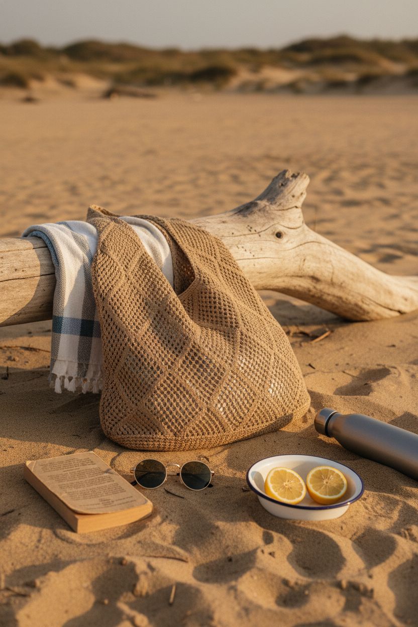 COOKOOKY khaki crochet tote bag by driftwood on warm sand, perfect for beach relaxation.