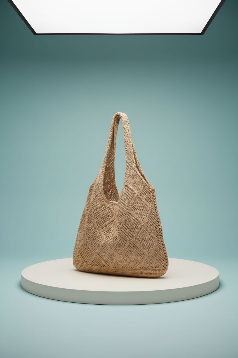 COOKOOKY khaki crochet beach tote bag showcased on a soft blue backdrop, highlighting its design.