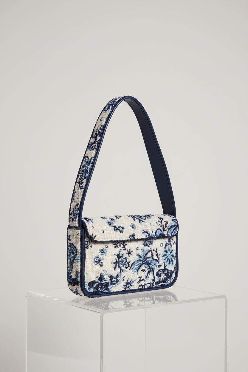 STAUD Tommy Beaded Bag on display, featuring shimmering glass beads and sleek design