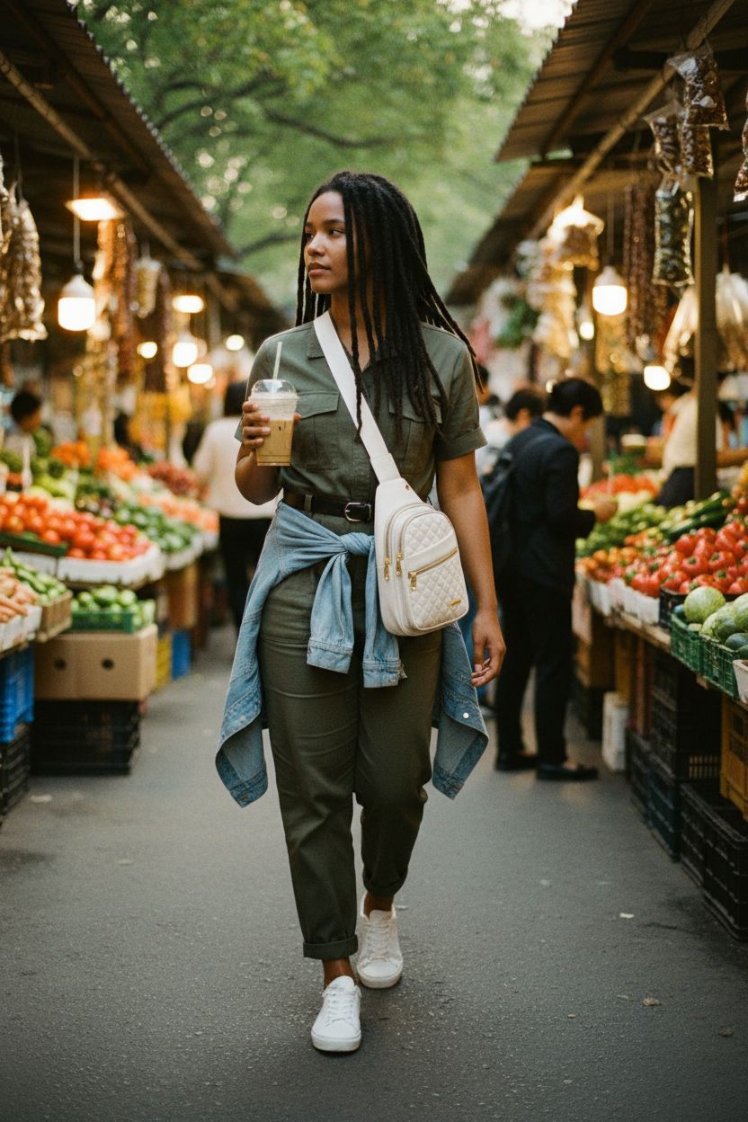 Beige crossbody bag by Aisijimo at a vibrant weekend market, showcasing casual style.