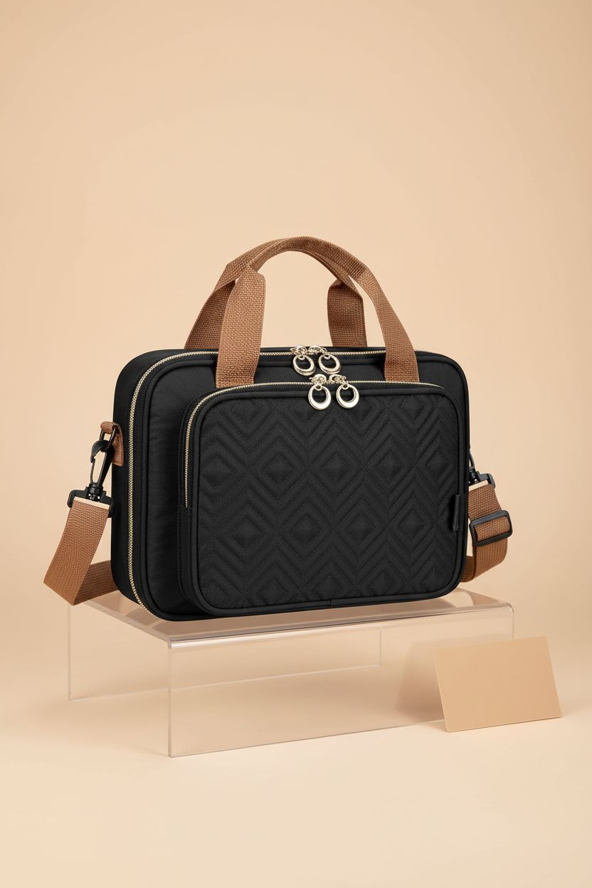 Heouvo black quilted Bible purse bag on display with shoulder strap