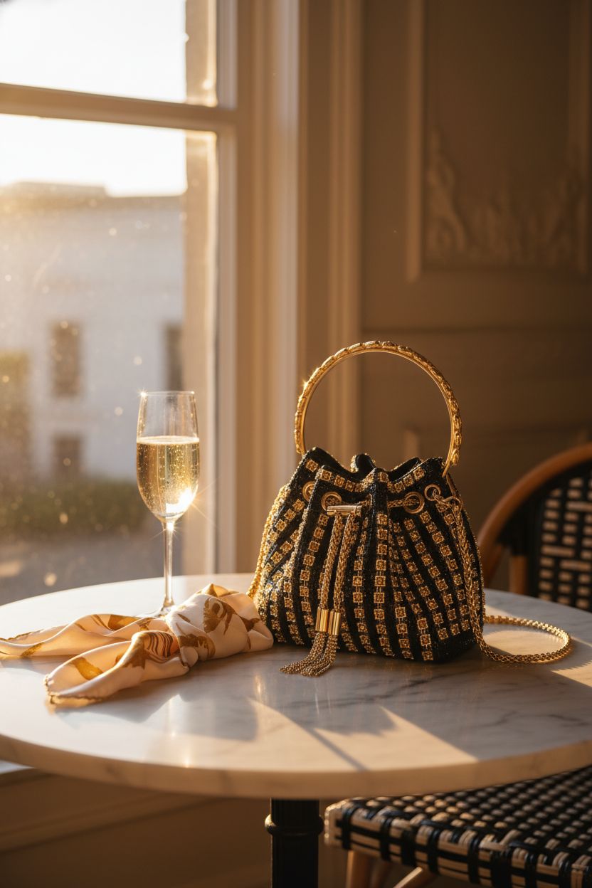 Sweetovo black and gold rhinestone bucket bag on a marble table with champagne