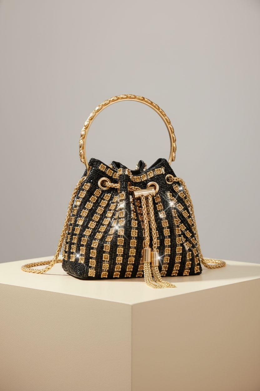 Sweetovo black and gold rhinestone bucket bag featured on a pedestal