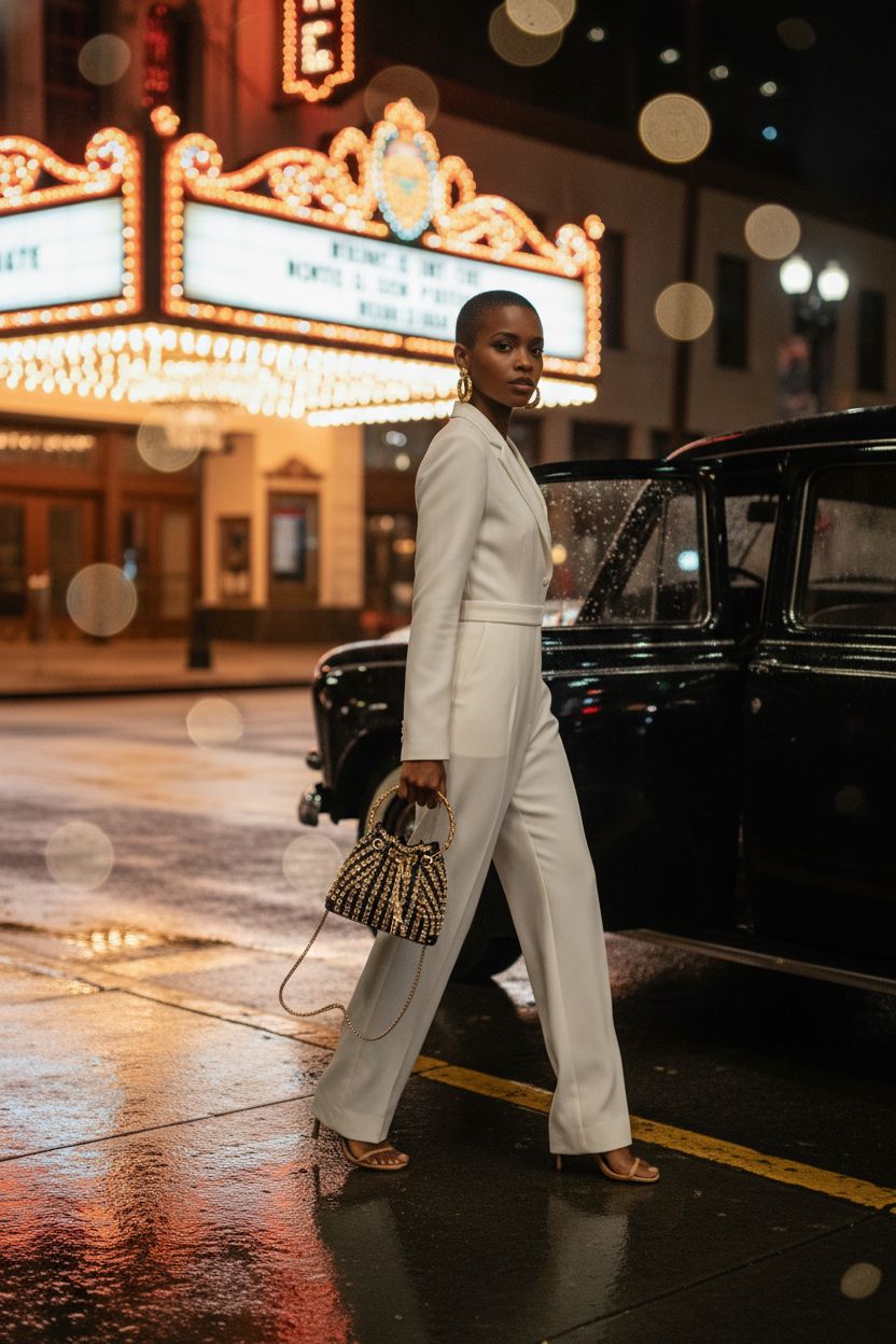 Sweetovo black and gold rhinestone evening bag in motion outside a theater
