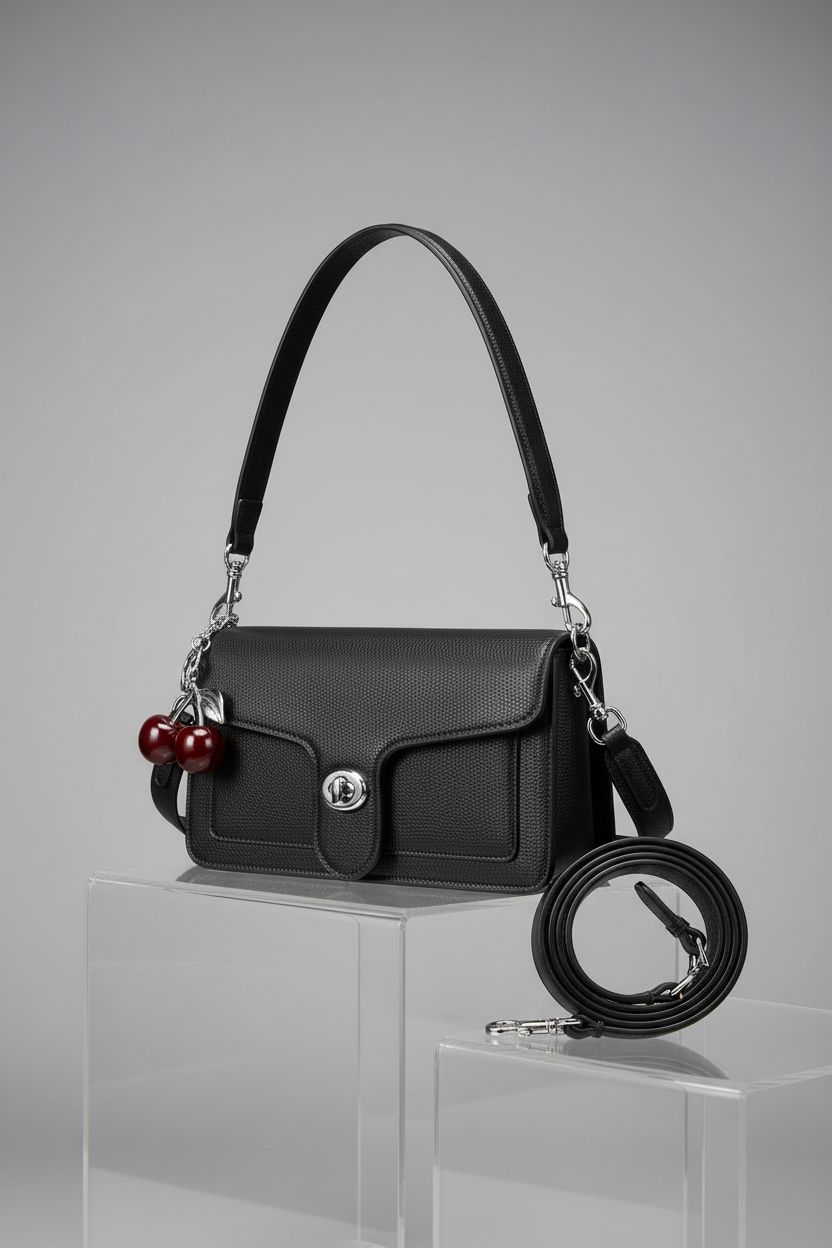 Lexiyat black purse displayed to showcase its vegan leather and dual straps