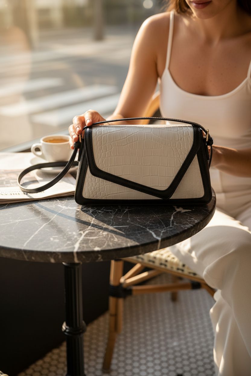 QWINEE black and white bag placed elegantly on a marble table in a café setting.