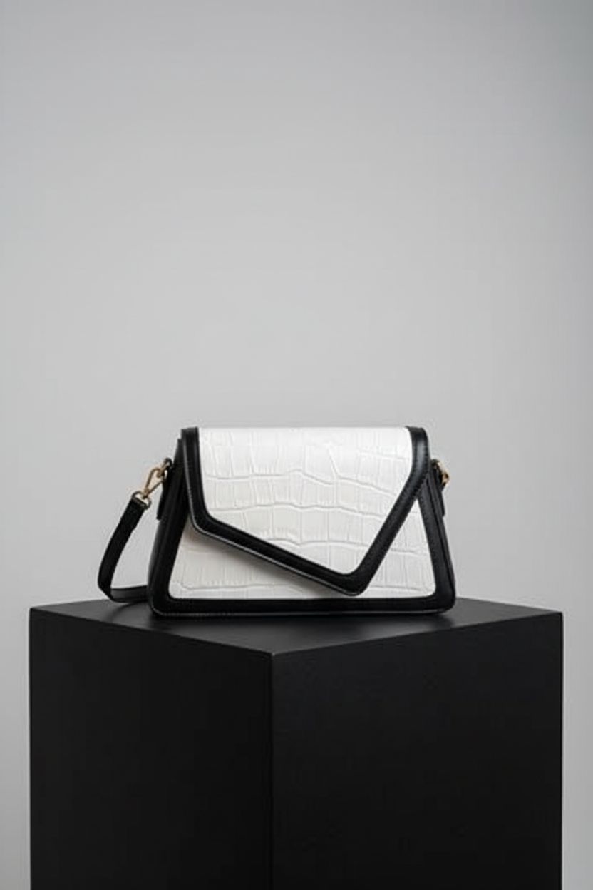 Product showcase of QWINEE black and white crocodile embossed bag on neutral backdrop.