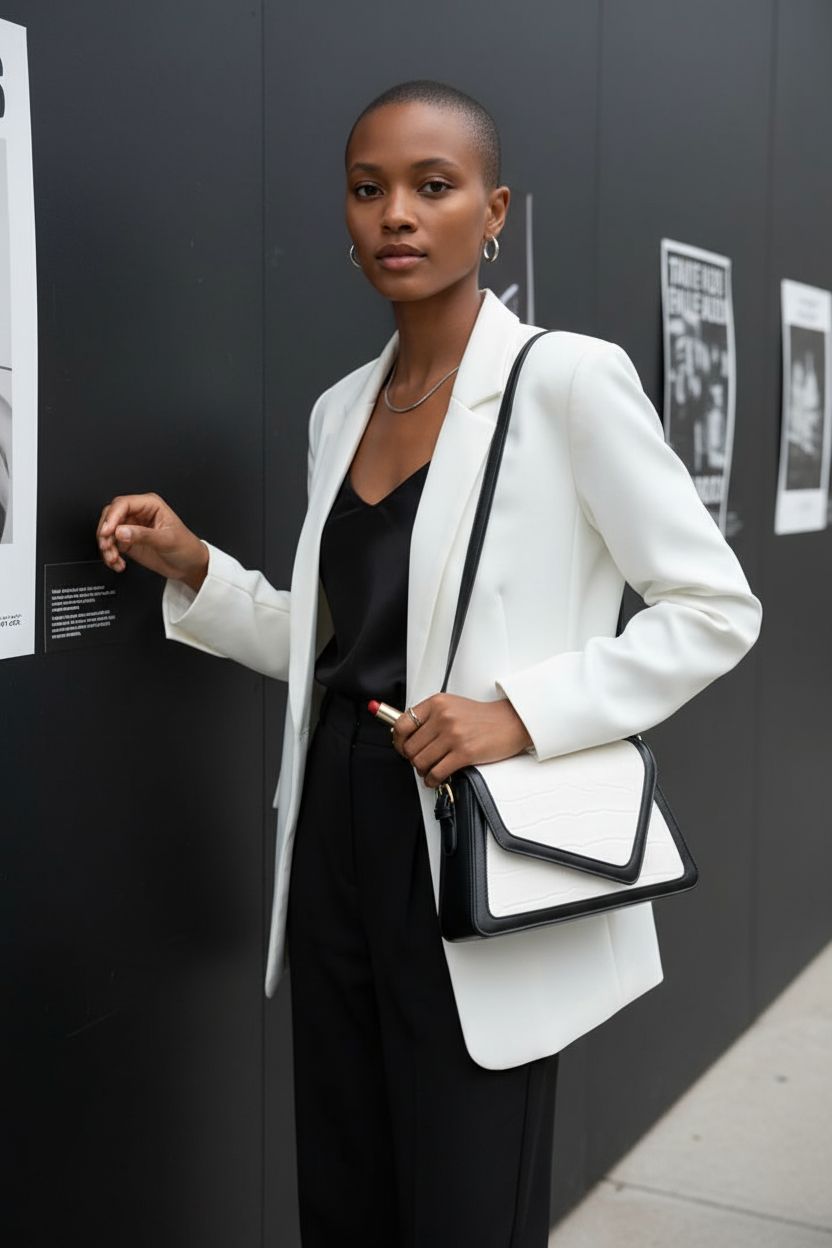 QWINEE black and white crocodile embossed flap bag styled with monochrome fashion.